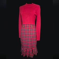 Venus Red Plaid Sweater Dress Size 4 - Dark Academia Coquette Ruffle Hem