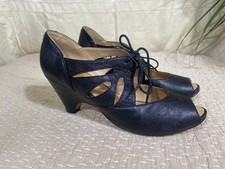 Retro Nine West Black Leather Lace Peep Toe Teardrop Cut Out Heels Sz 9