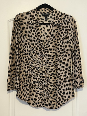 INC International Concepts Leopard Print Collared Button Blouse 3/4 Stretch L