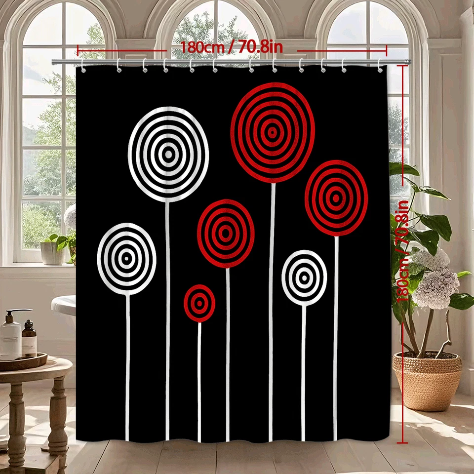 Modern Black and White Shower Curtain with Red Circles Design - Image 3 of 4