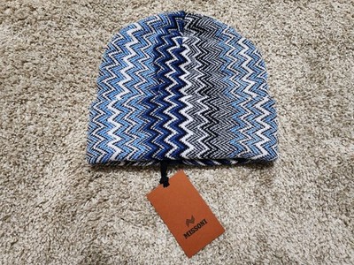 Missoni Zig Zag Pattern Wool Blend Blue Geometric Chevron Knit Beanie NWT 265$