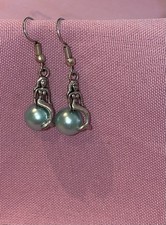 Nautical Siren Song Mermaid Sitting On A Bluish Green Pearl Pierced Earrings