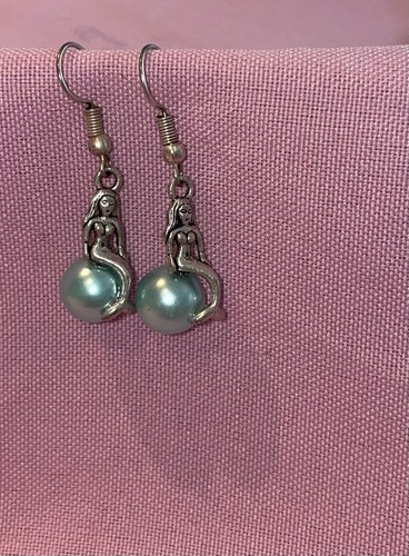 Nautical Siren Song Mermaid Sitting On A Bluish Green Pearl Pierced Earrings