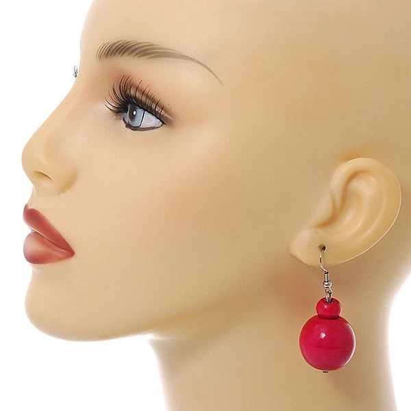 Round Wood Drop Earrings In Deep Pink - 50mm Drop - Image 4 of 4