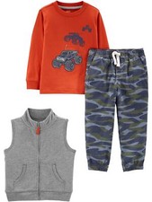 Toddler Boys' 3-Piece Fleece Vest Long-Sleeve Shirt and Woven Pant Playwear S...