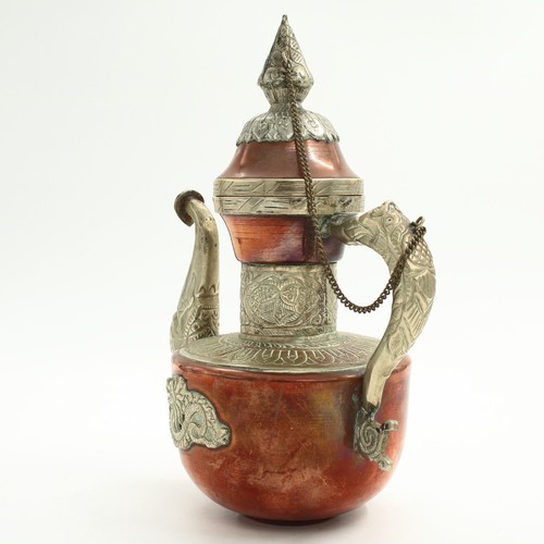 Tibetan Teapot in Copper and White Metal with Dragon Motifs - Picture 2 of 24