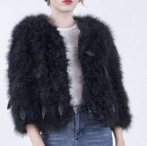 Women's New Black Ostrich Fur Feather Jacket Bolero Jacket - Picture 1 of 7