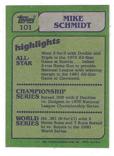 1982 TOPPS MIKE SCHMIDT IN ACTION #101 PHILADELPHIA PHILLIES NICE - Picture 2 of 2