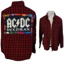 Upcycled Flannel Shirt Womens Large Shacket AC DC Band Grunge Camp Rock Concert