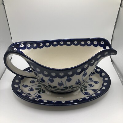 Ceramika Artystyczna Polish Pottery Gravy Boat with Saucer Bleeding Heart