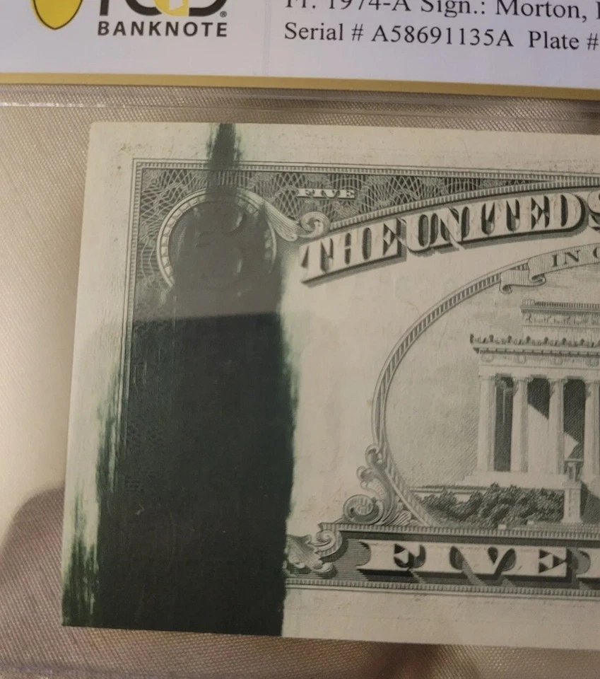 ERROR 1977 $5 Five Dollar Federal Reserve Note  MAJOR INK SMEAR - PCGS 45 PPQ! - Image 2 of 4