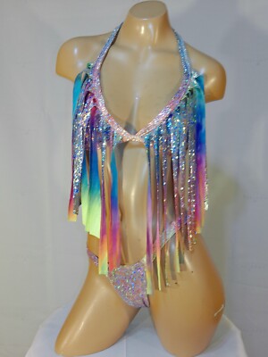 Exotic dancer stripper small multicolor two piece bikini dance outfit-dancewear