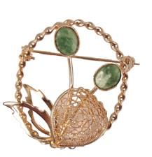 Gold Tone Brooch Pin Floral with Green Stones 1.5 Inches Tall Abstract
