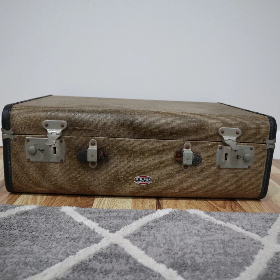 Maleta de viaje de equipaje Tweed Air Pak retro beige forro interior de tela de colección Foto 3 de 4