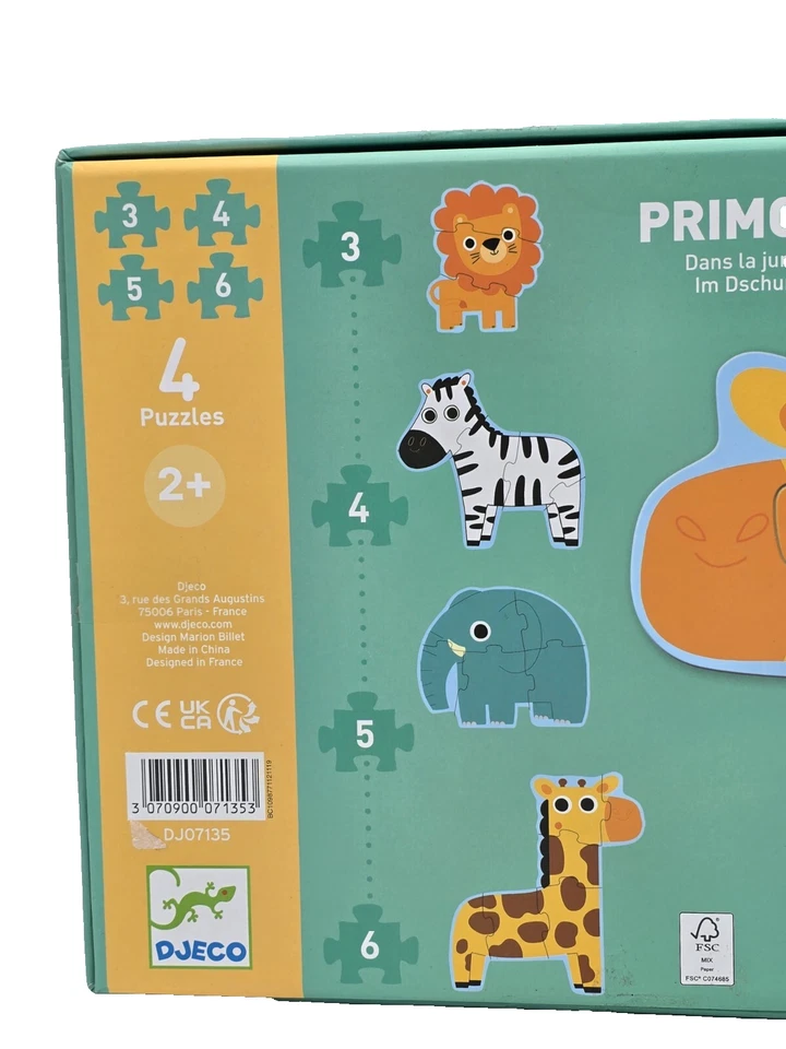 DJECO Primo 4x Puzzle Im Dschungel Tiere 18-teilig 2+ Lernspiel Spielzeug - Bild 3 von 4