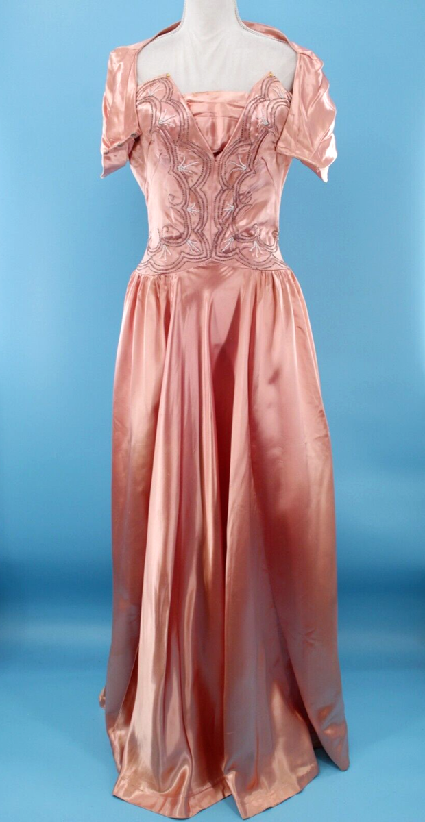 salmon colored formal dresses Vtg Women's 40s Pink Beaded Gown W/ Shrug Sz S/M 1940s Prom Dress breathable dress heels