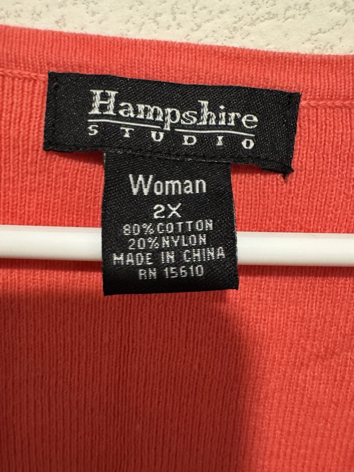 Hampshire Studio Short Sleeve Sweater Coral Pink Black White Trim Bow Preppy 2X - Image 2 of 4