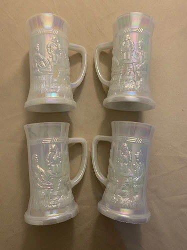 Vintage 1934 Federal Glass Pearl Iridescent Milk Glass 6” Beer Mug Steins Set 4