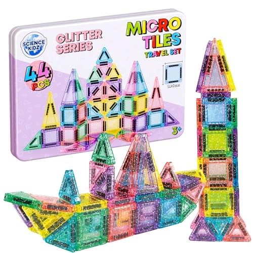 Science Kidz 44 Piece Mini Glitter Magnetic Tiles Travel Set With Storage Tin