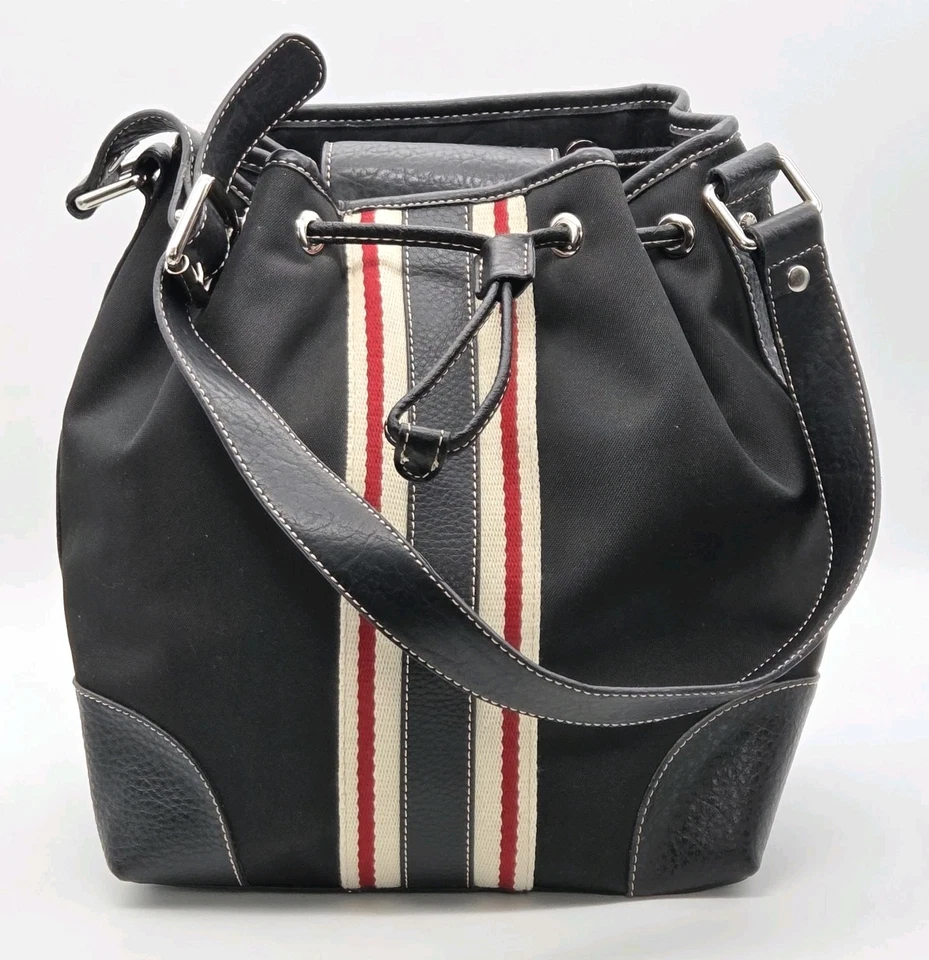 Tommy Hilfiger Purse Bucket Bag Drawstring Closure Black Canvas Faux Leather VTG - Image 2 of 4