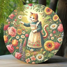 Vintage Flower Field Cat Aluminum Painting 8x8 Inch, Outdoor Use