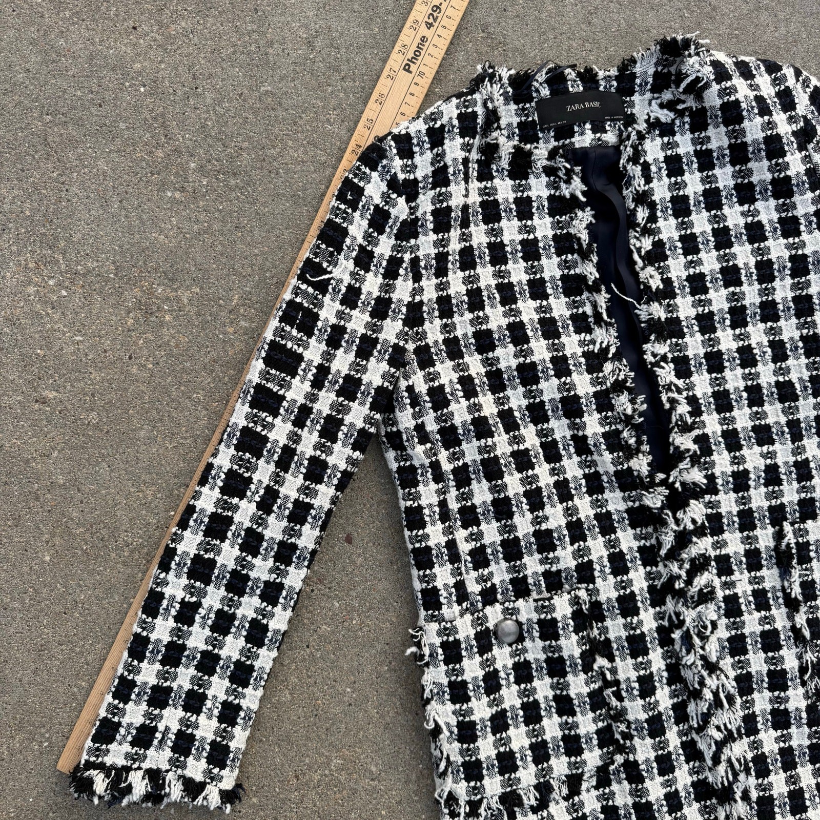 Zara Basic Black White Boucle Tweed Houndstooth Fringe Jacket NWT Large thumbnail 8