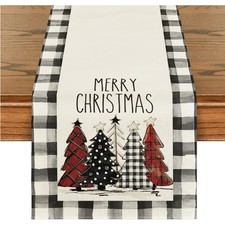 Waterclor Buffalo Plaid Christmas Trees Merry Xmas Table Runner, Seasonal Win...