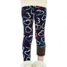 Girls Fleece Lined Leggings Winter Warm Thick Heart Print Pants, 110 Size: 4-5