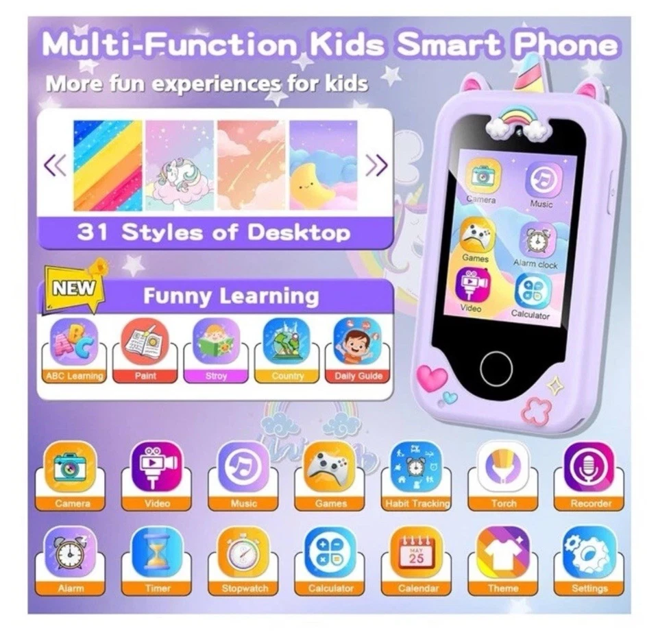 Funda de silicona con pantalla táctil para teléfono inteligente para niños tarjeta rosa unicornio 8G 3-10 años nueva en caja Foto 3 de 4