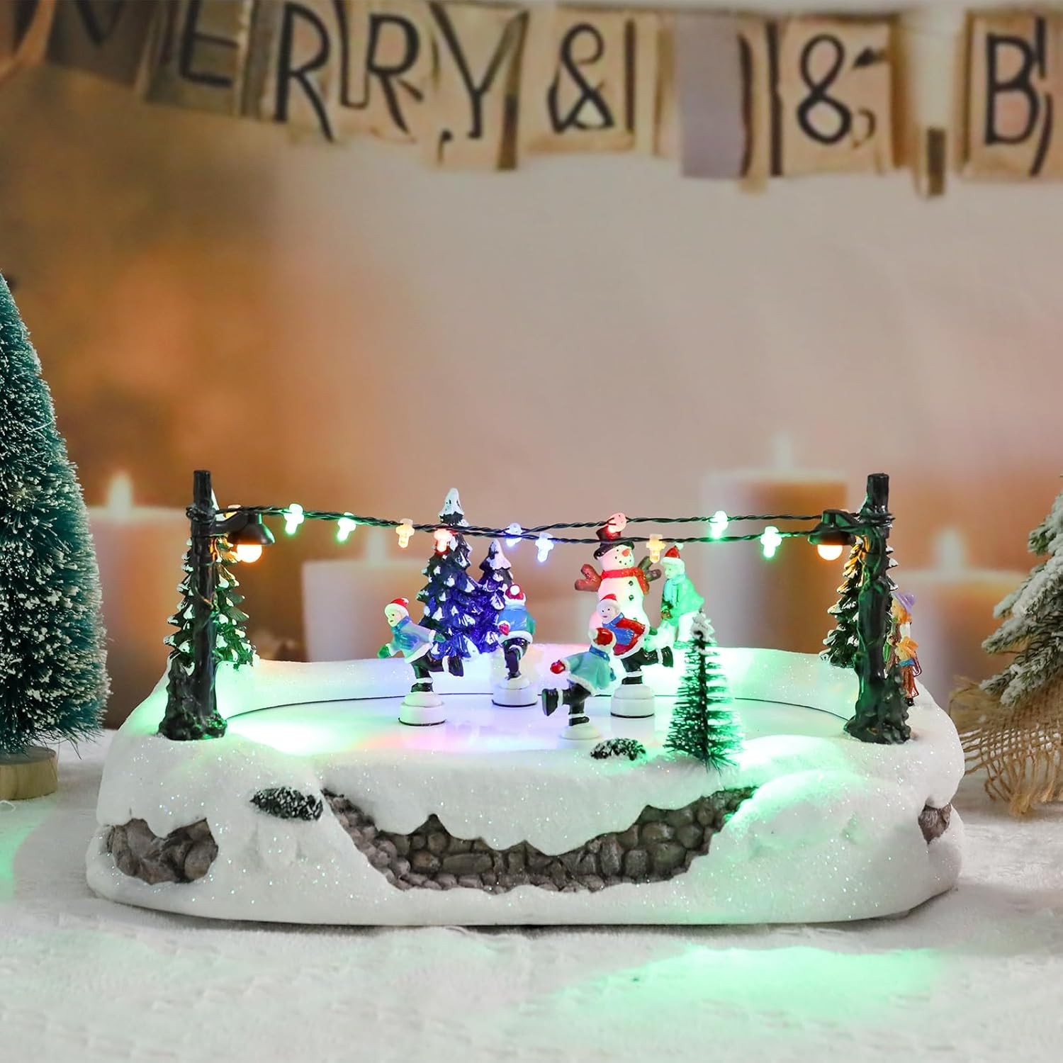 MUMTOP Christmas Village Skating Rink with Moving Skaters, Light Up Animated Ska