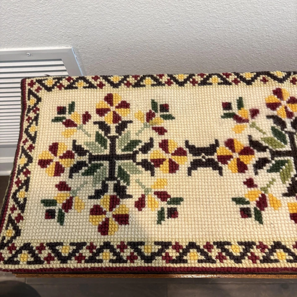 Vtg Hand-stitched Needlepoint Table Runner Floral Folk Boho Design Velvet Back - Image 2 of 4