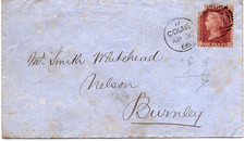 1866 QV 1d Red PL 74 (damaged) Colne Duplex 151 to Burnley Rear Postal History