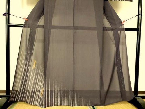 Kimono giapponese, SETA, kimono estivo,"RO"絽 "HOUMONGI", uno stemma, grigio, L 5' 5",.4591 - Foto 4 di 12
