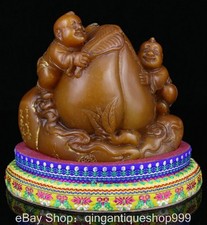 6" Chinese Natural Tianhuang Shoushan stone Carving Child Peach seal Statue