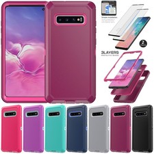 For Samsung Galaxy S10 Phone Case Rugged Cover 3in1 Layers / 2pcs Tempered Glass