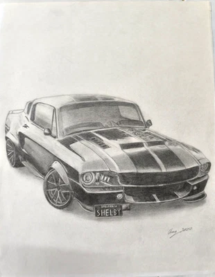 Old Original Artwork of 1967 Ford Mustang Shelby GT500, High School Art Project - Image 1 of 4