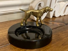 Antique Art Deco Black Slag Glass Ashtray Metal Pointer Dog