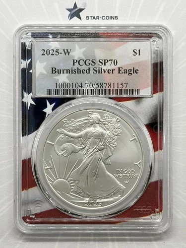 2025 W Burnished Silver Eagle PCGS SP70 (Flag Picture Frame)