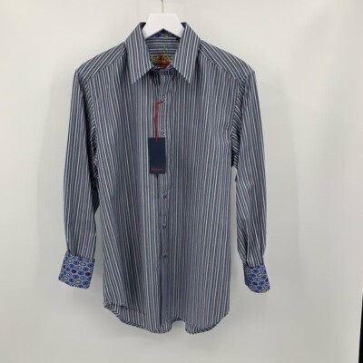 Robert Graham Union blue shirt stripe gray cotton paisley button men new Small