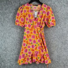 Sportsgirl Dress Womens 8 Orange Linen Wrap Floral Short Sleeve V Neck NEW 10199