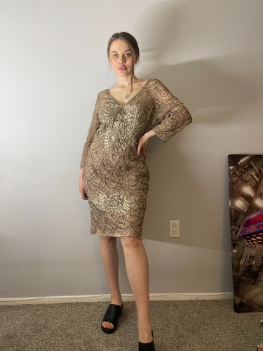 Sue Wong Taupe V-Neck Beaded Cocktail Dress 12 - Picture 3 of 17