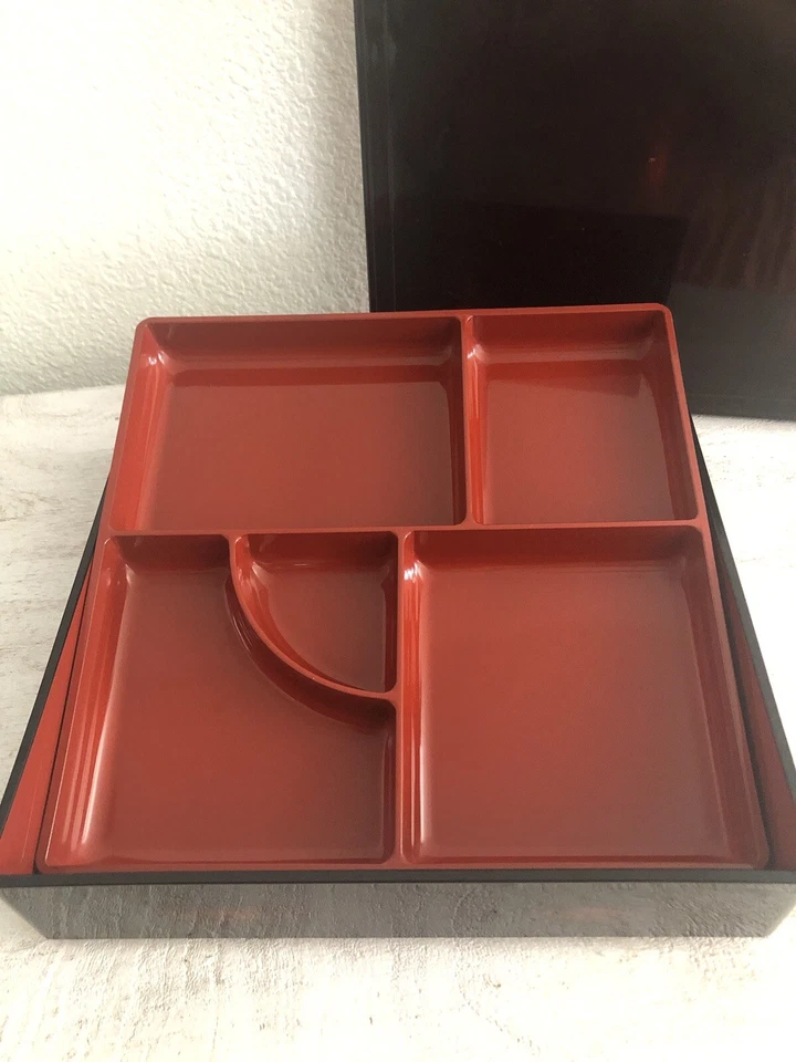 Vintage Bento Box 5 Compartments  Black w/ Red Interior Serving Japanese 3x9x9” - Image 2 of 4
