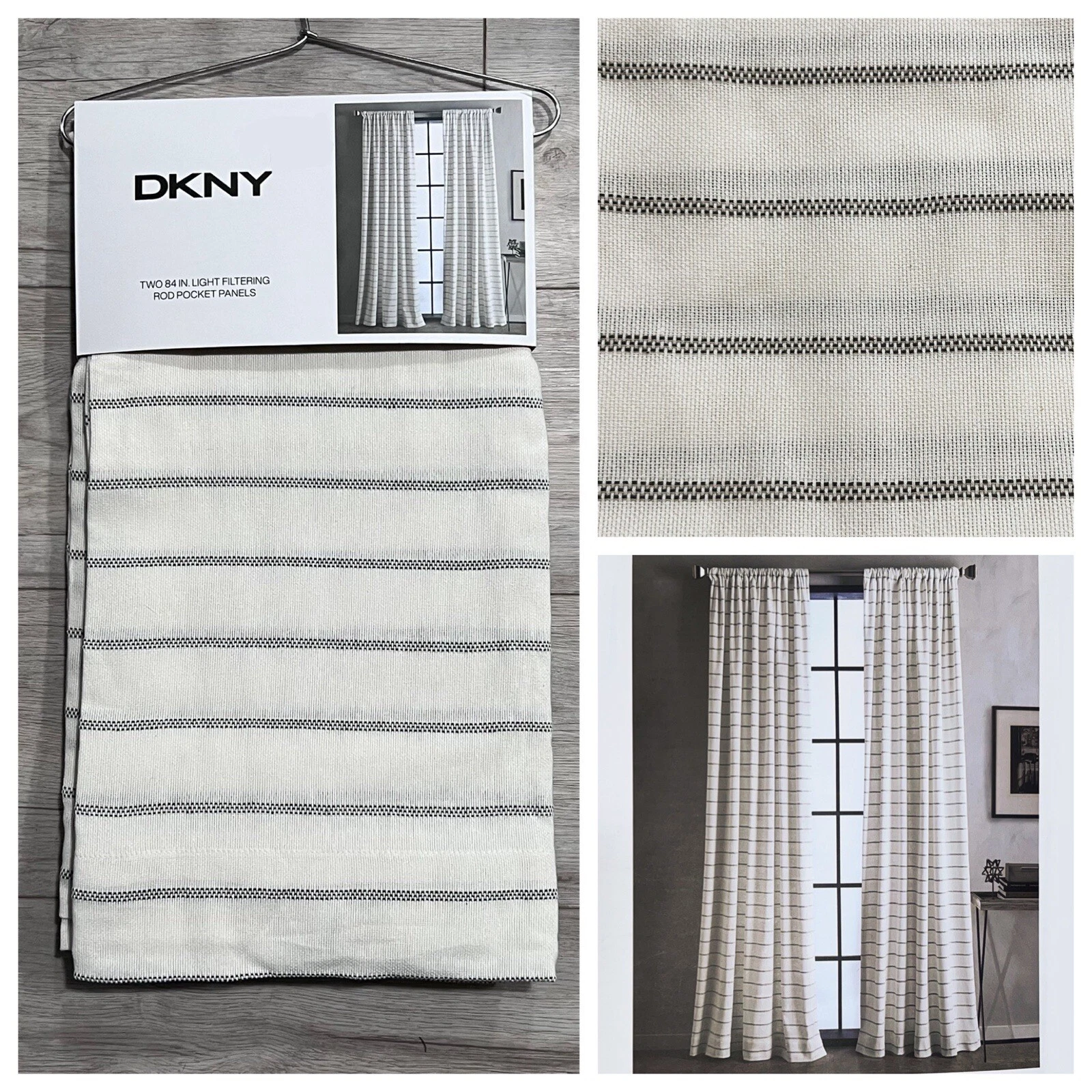 DKNY 50 x 84 ~ Baltic Stripe ~ 2 Panels Window Curtains Drapes ~ Ivory Gray