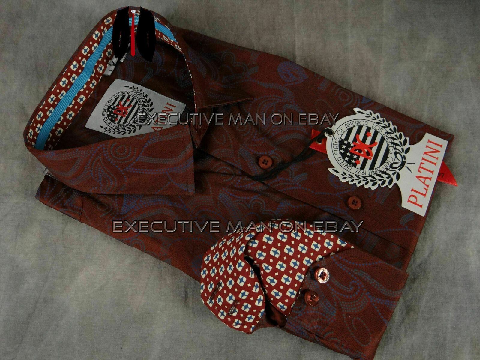 Mens Shirt Deep Burgundy Paisley Complementing Trim PLATINI Button Up Slim Fit