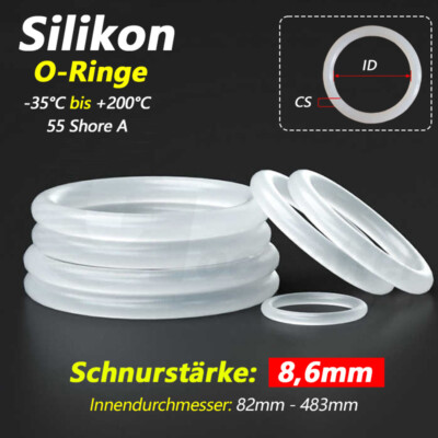 Schnurstärke 8,6mm O-Ringe Silikon Dichtring VMQ Dichtungsringe 82-483mm ID Weiß