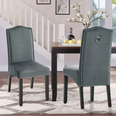 2/4X Grey Velvet Chairs Dining Room Chair Side Seat Studs High Back with Knocker - Image 1 of 4