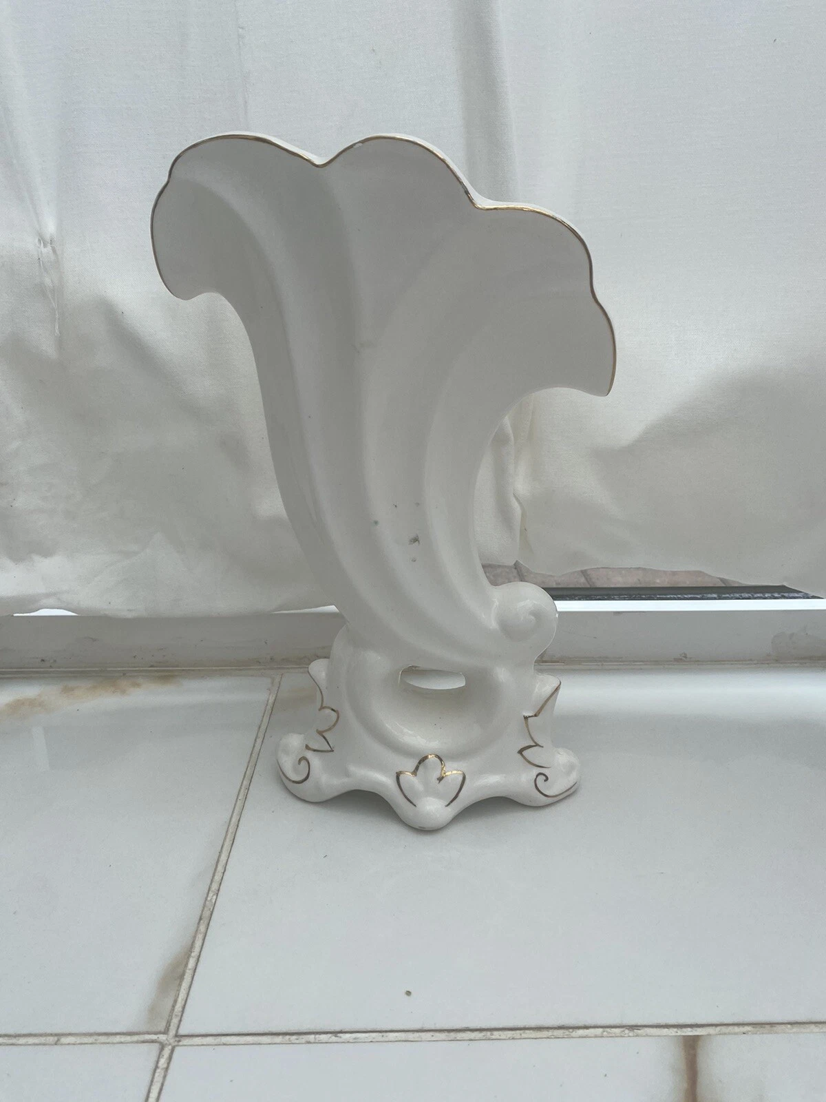 Unique Vintage White Ceramic Vase with Gold Trim 32cm Height