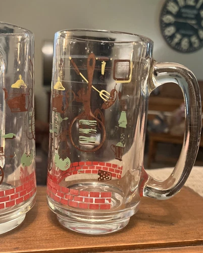 Hazel Atlas Glass Beer Mug 1950’s BBQ 12oz (set of 6) VTG MCM