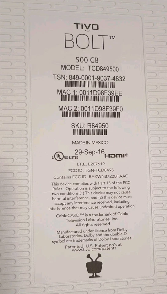 TiVo BOLT 500GB Blanco TCD849500 Cargador Remoto Enchufe Incluido Foto 3 de 4