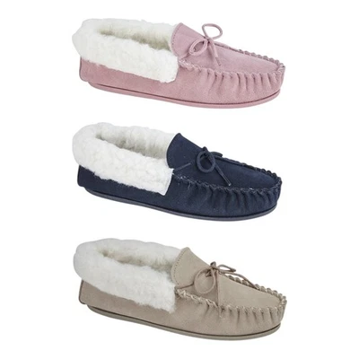 Mokkers Damen Mokassin Hausschuhe Fell Echt Wildleder Leder Komfort Gefüttert Schuhe Größe